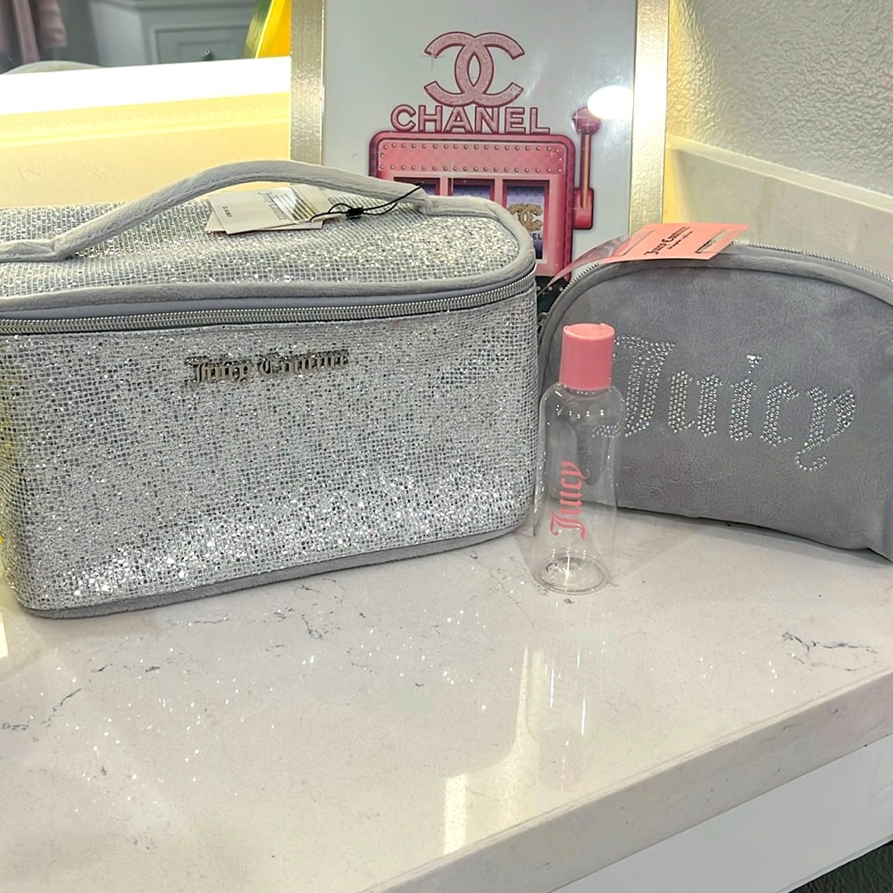 Juicy Couture cosmetic makeup case and pouch. Includes travel bottle